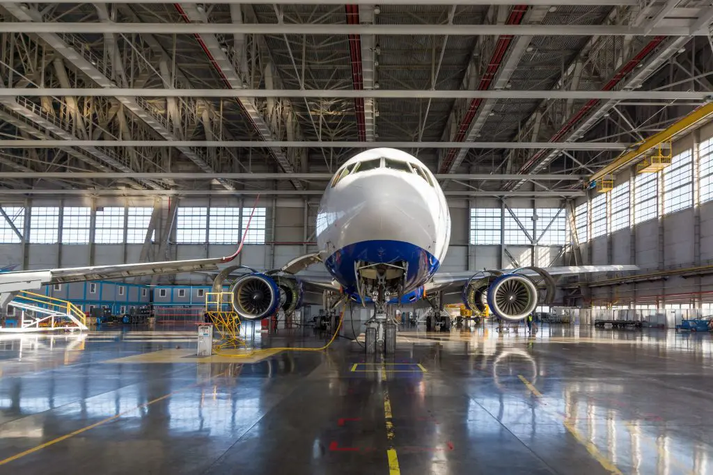 an airplane in a hangar